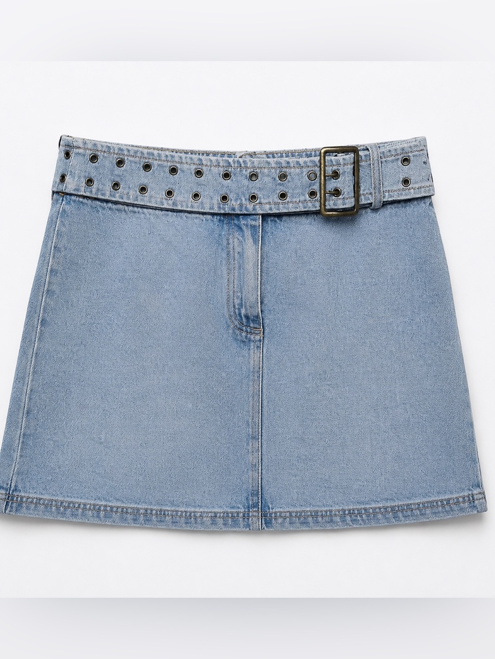 Y2K Newport News Jeanology Blue Washed Denim Mini Skirt Wide Grommet Belt Size 8